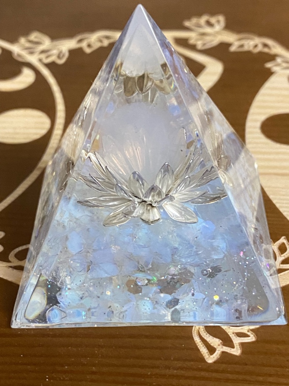 Orgone Pyramid Decorative Clear Quartz Sphere Fluorite Lotus Silver Accents